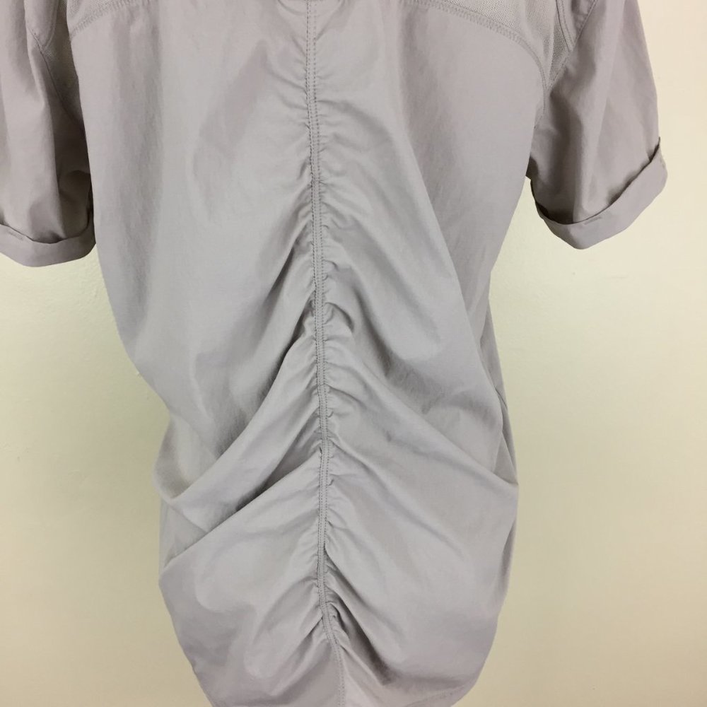 INDYGENA Taupe Ruching Back Short Sheer Sleeve Insert 1/4 Hidden Zip Shirt - Picture 11 of 11